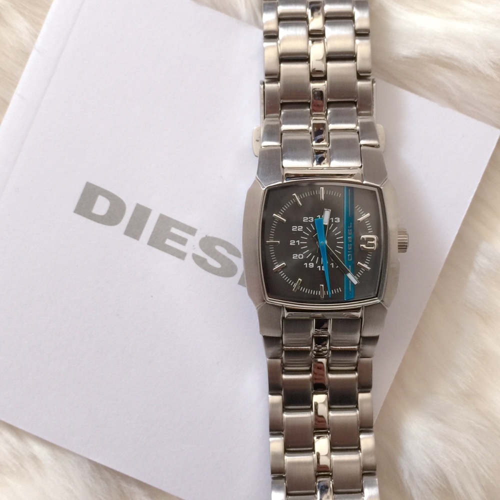 🆕 DIESEL Blue Stripe Black Dial Silver Watch NEW